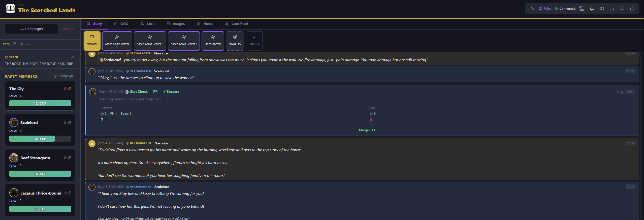 A live TBA session: the party sidebar with DP bars, the Story Weaver's NPC bar, and a Stat Check resolving in the story feed.
